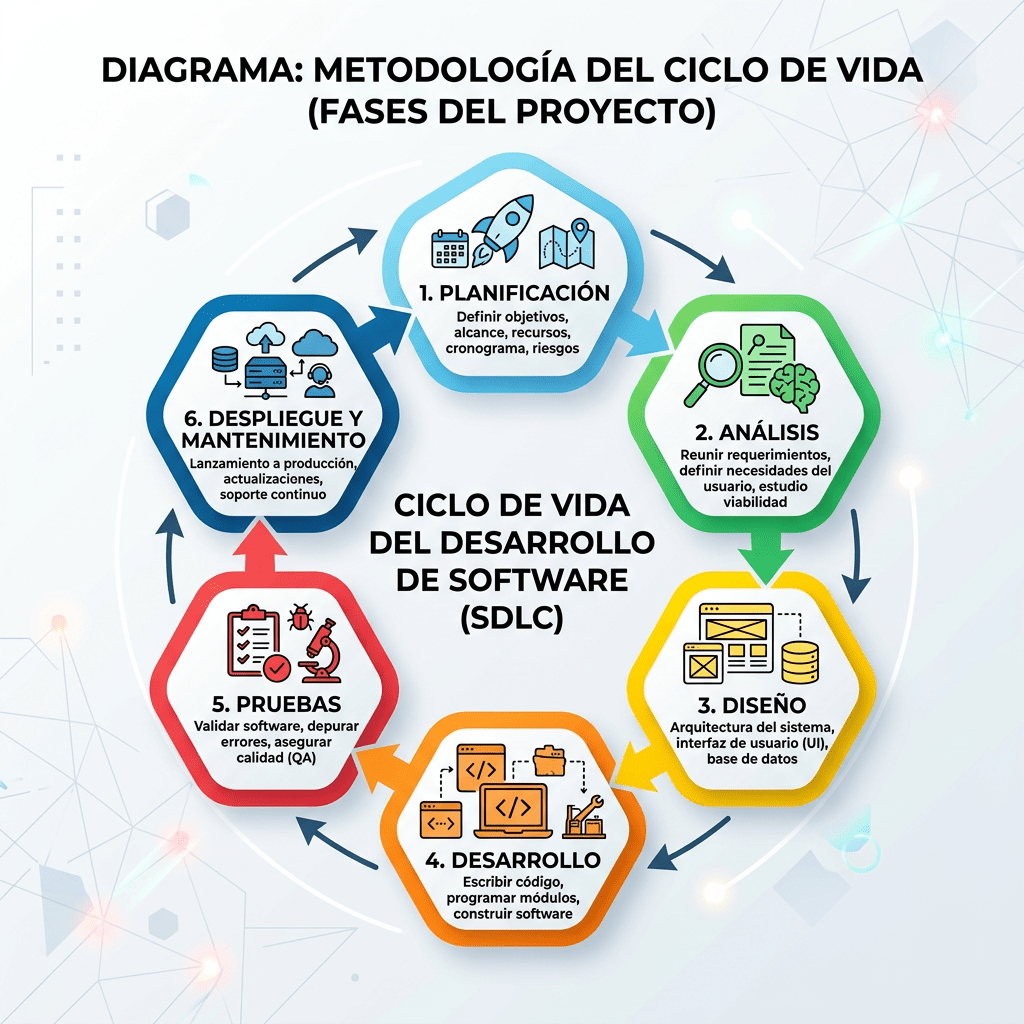 Diagram of software development life cycle phases: Planificación, Análisis, Diseño, Desarrollo, Pruebas, Despliegue y mantenimiento.