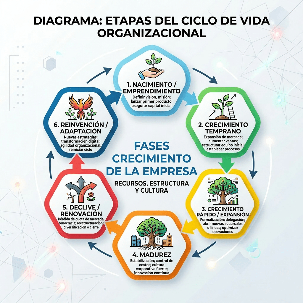 Diagram showing six stages of organizational lifecycle with descriptions: 1. Birth/Entrepreneurship, 2. Early Growth, 3. Rapid Growth/Expansion, 4. Maturity, 5. Decline/Renewal, 6. Reinvention/Adaptation.