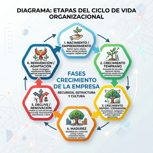 Diagram showing six stages of organizational lifecycle with descriptions: 1. Birth/Entrepreneurship, 2. Early Growth, 3. Rapid Growth/Expansion, 4. Maturity, 5. Decline/Renewal, 6. Reinvention/Adaptation.