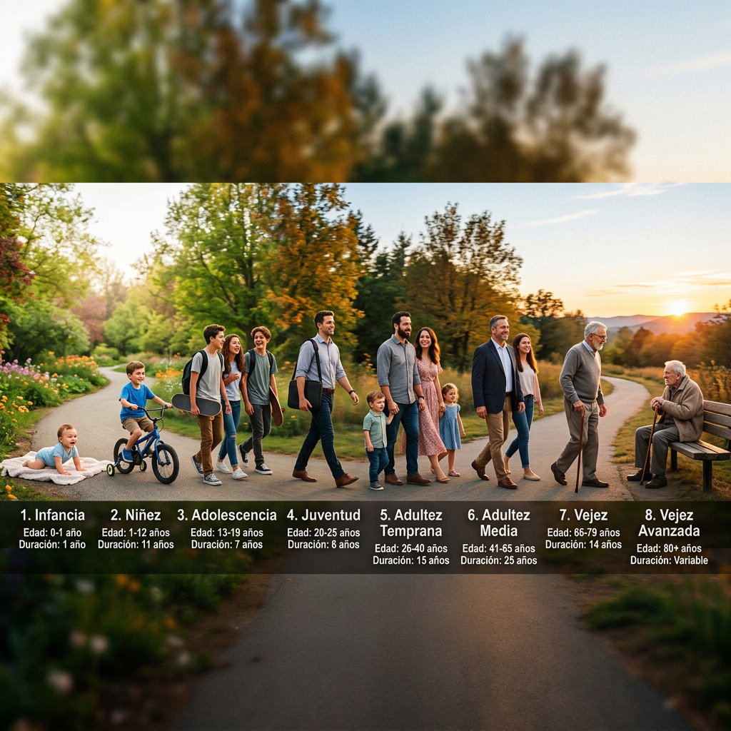 People representing different stages of human life from infancy to advanced old age in a park