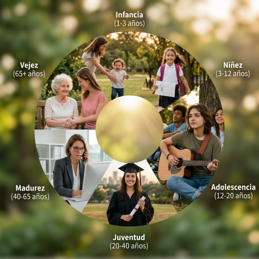 Six images showing stages of human life from infancy to old age with age ranges in Spanish